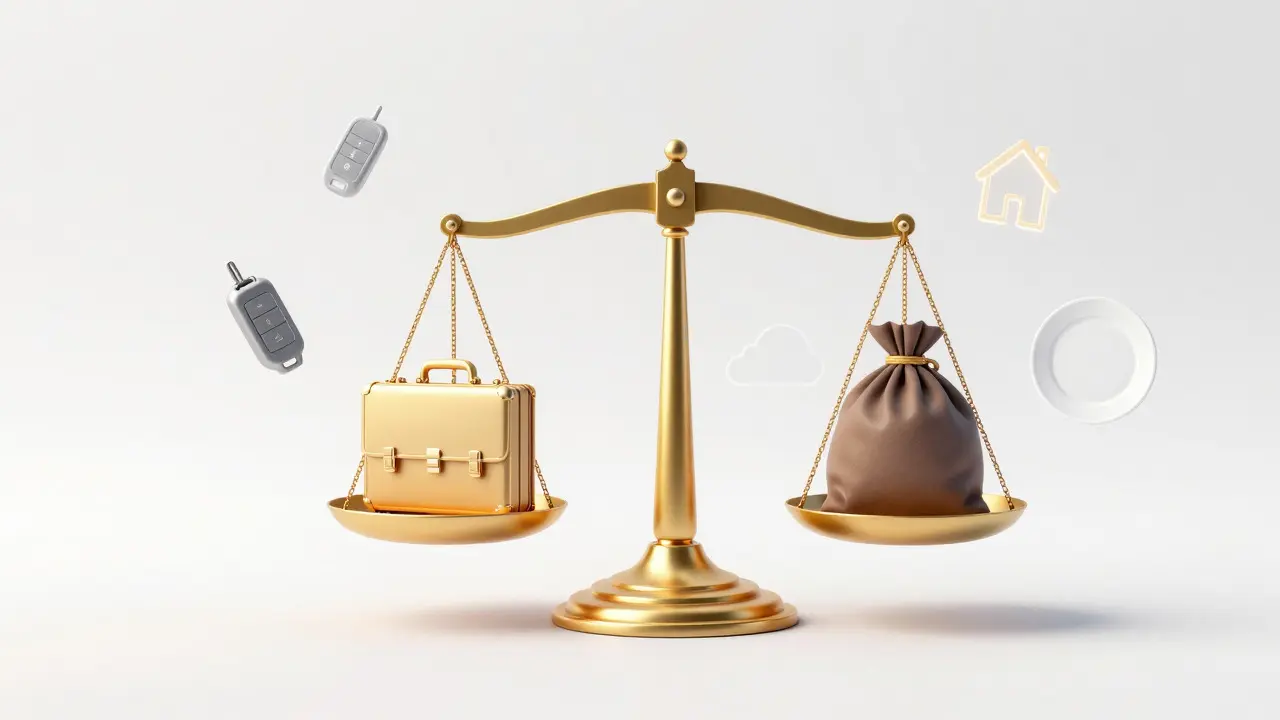 Conceptual art showing a golden scale balancing a briefcase against a personal bag with floating expense icons