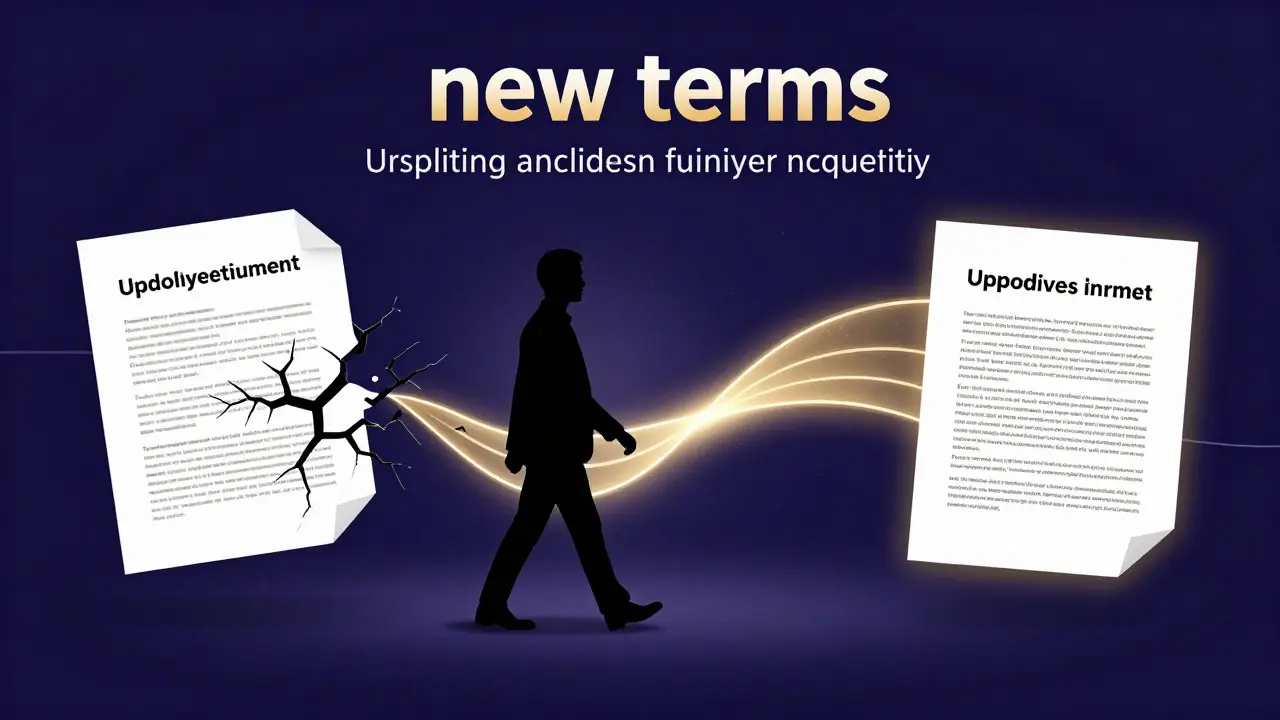 Conceptual art showing an employee transitioning from old to updated employment terms