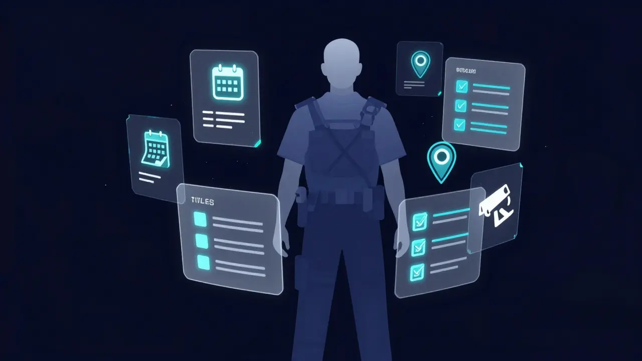 Conceptual art showing digital compliance tools around a security figure