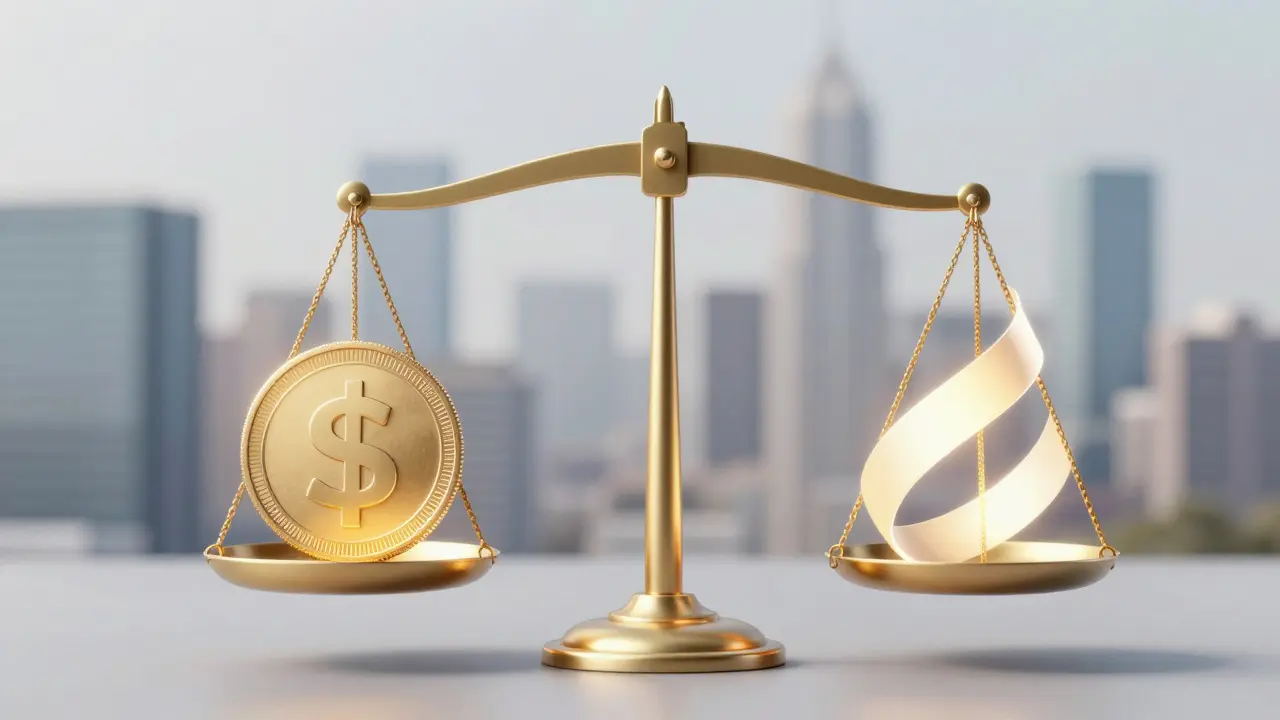 Conceptual balance scale weighing high costs against financial flexibility