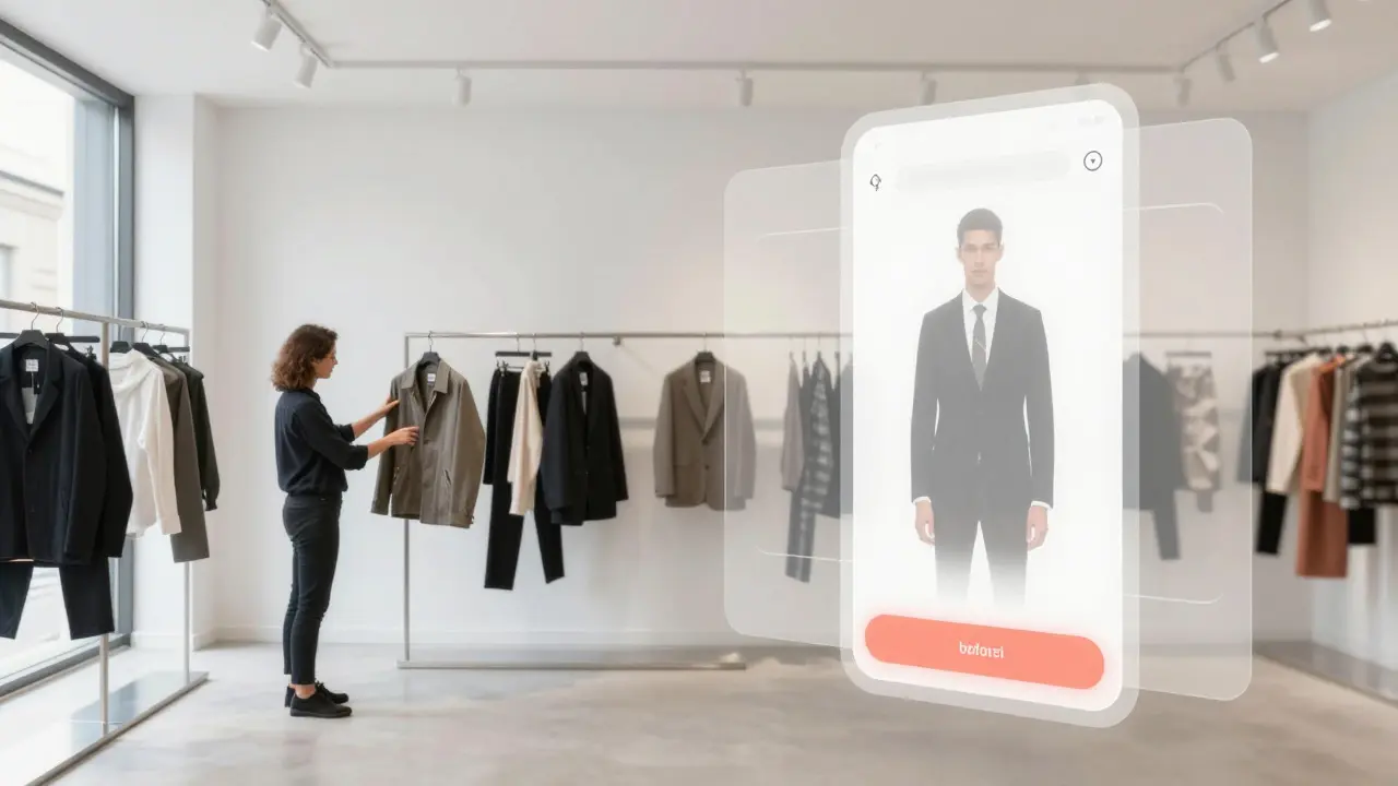 Conceptual blend of a physical fashion store and digital retail interfaces