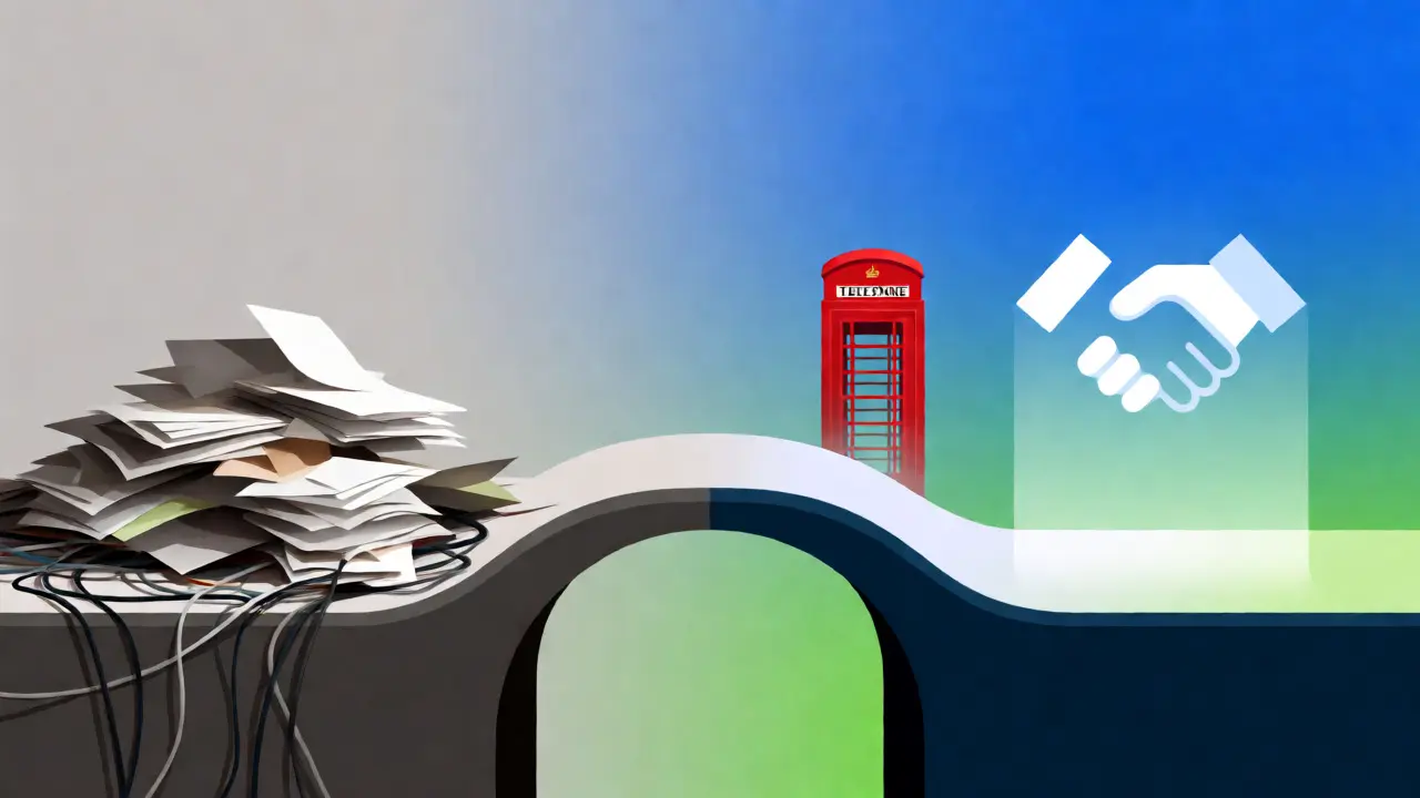 Conceptual bridge connecting complex paperwork to a streamlined digital path