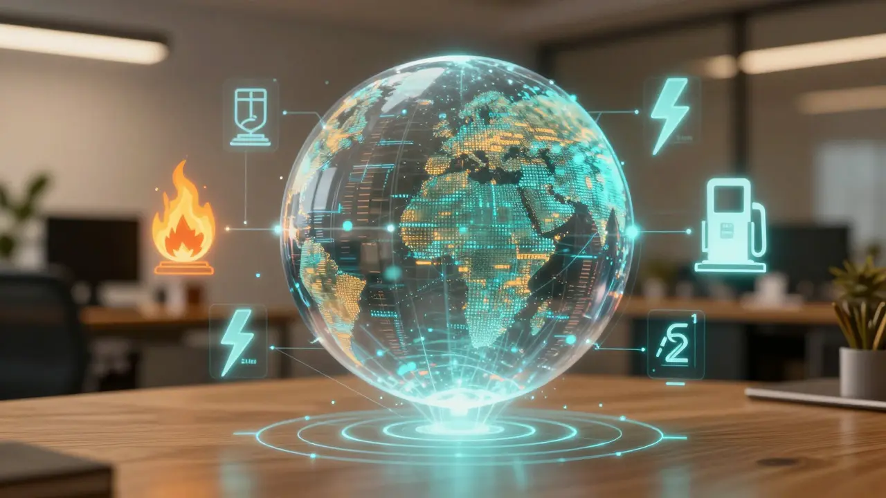 Conceptual hologram illustrating carbon footprint calculation and energy sources