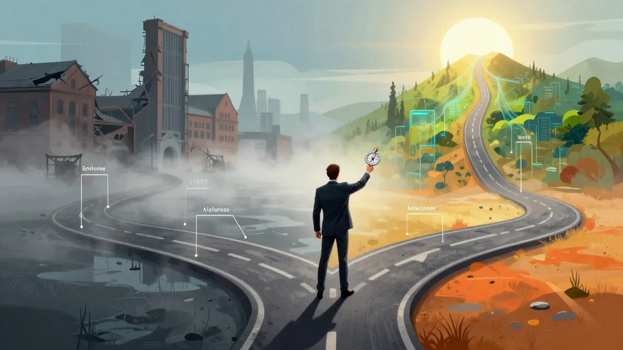 Conceptual illustration of a founder choosing between two paths at a crossroads