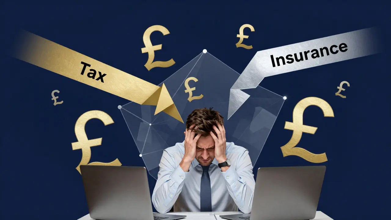 Conceptual illustration of an accountant managing complex tax and insurance deductions.