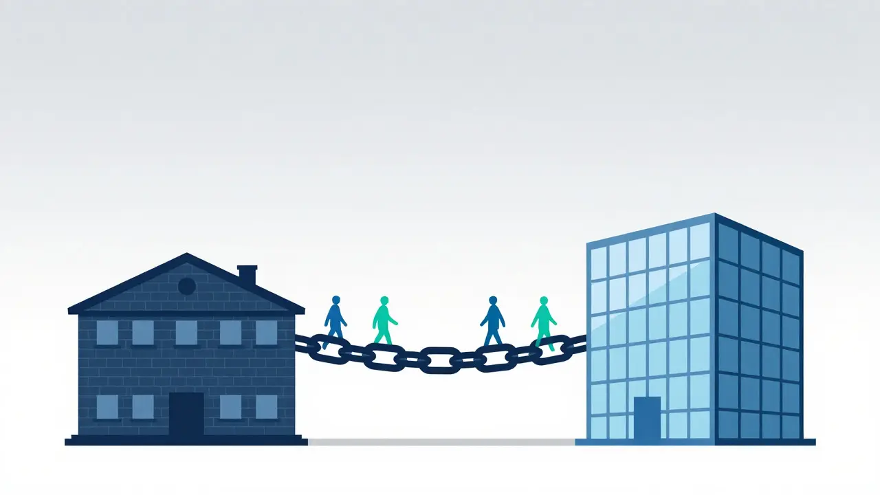 Conceptual illustration of employee silhouettes flowing through a chain link connecting two buildings