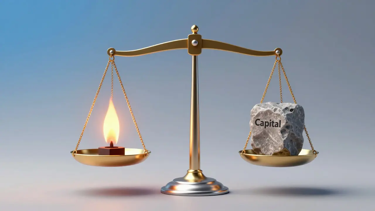 Conceptual scale comparing a flame and a stone block