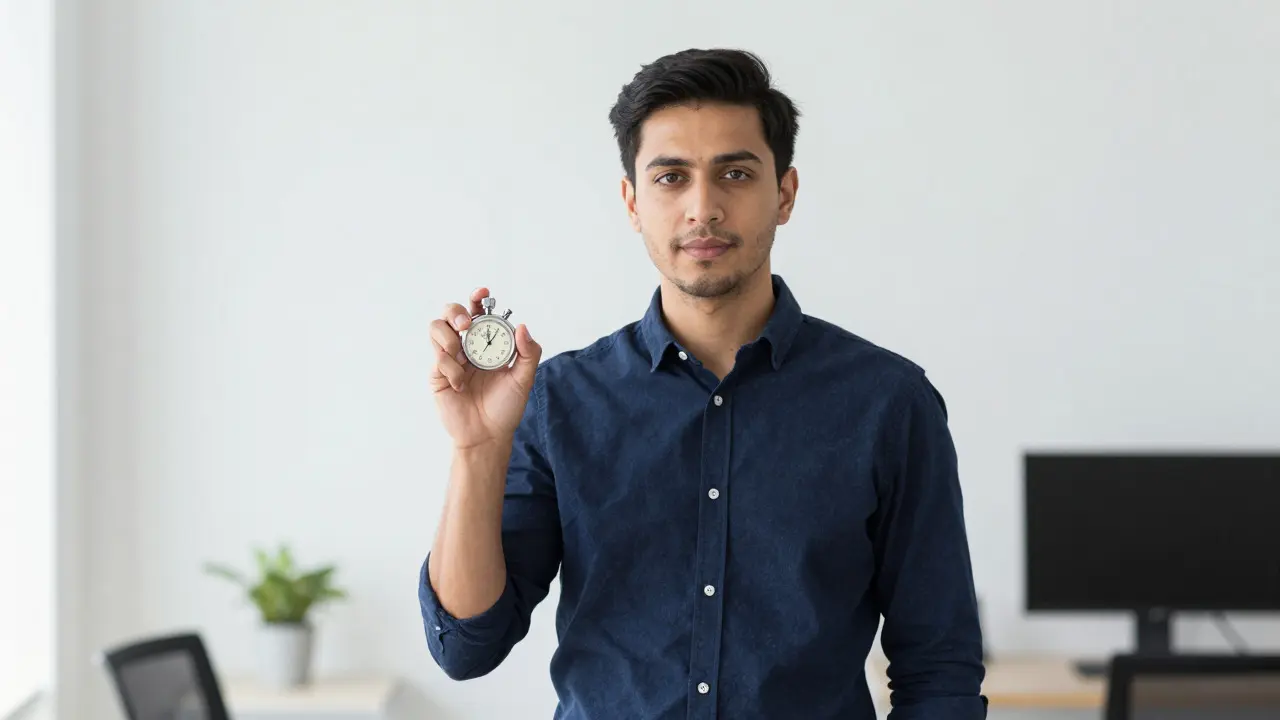Confident entrepreneur holding a stopwatch in a modern, minimalist office.