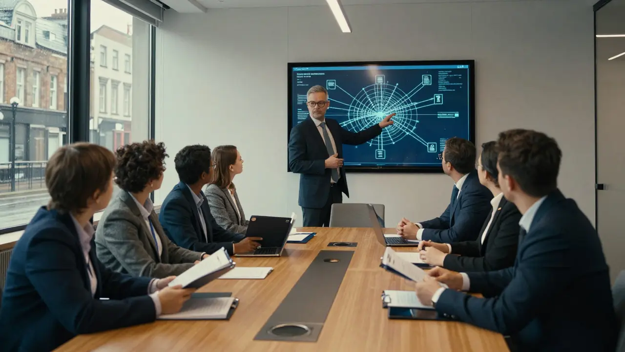Corporate team discussing data privacy risks around a conference table