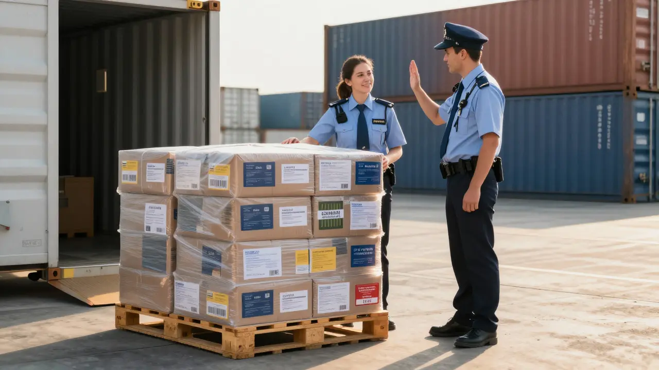Customs officer approving compliant product packaging at a busy port terminal