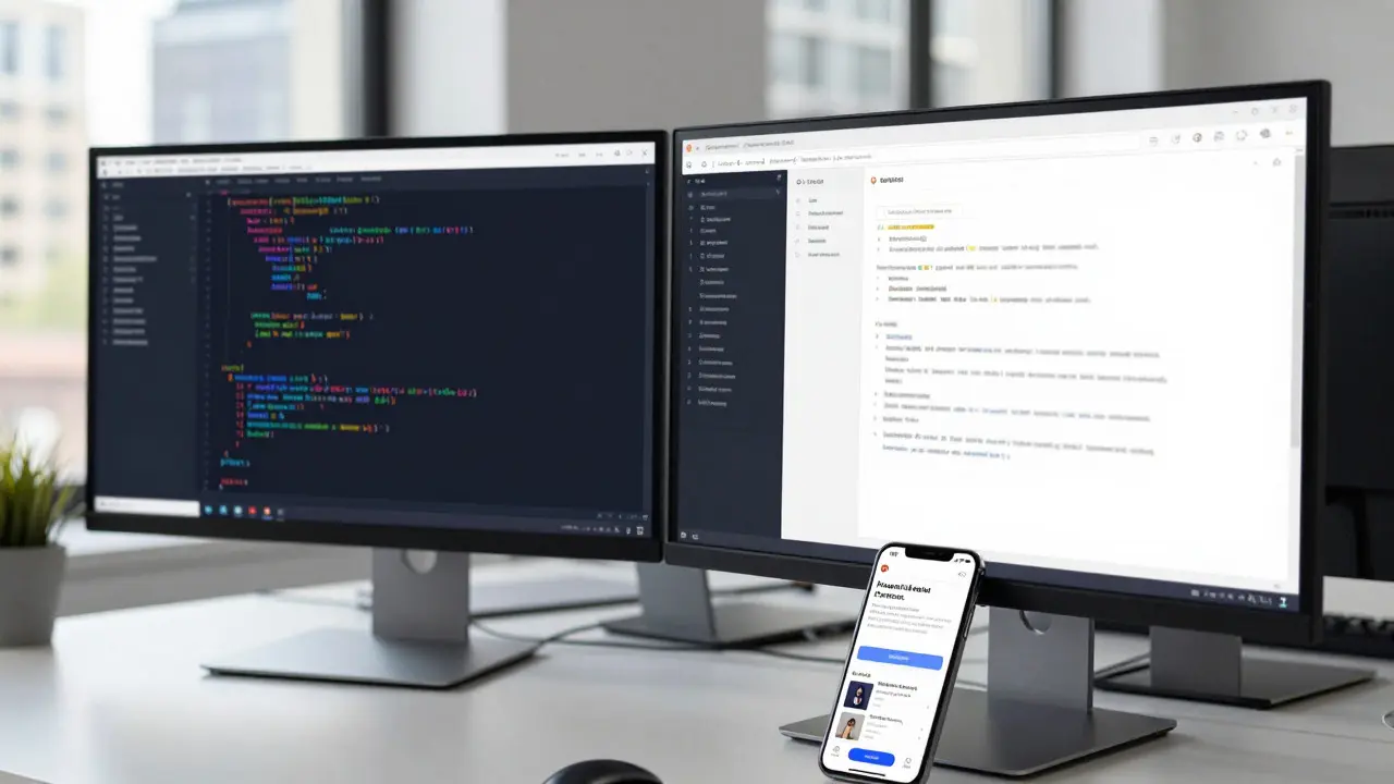 Developer workspace with code screens and a mobile device displaying a fast e-commerce site