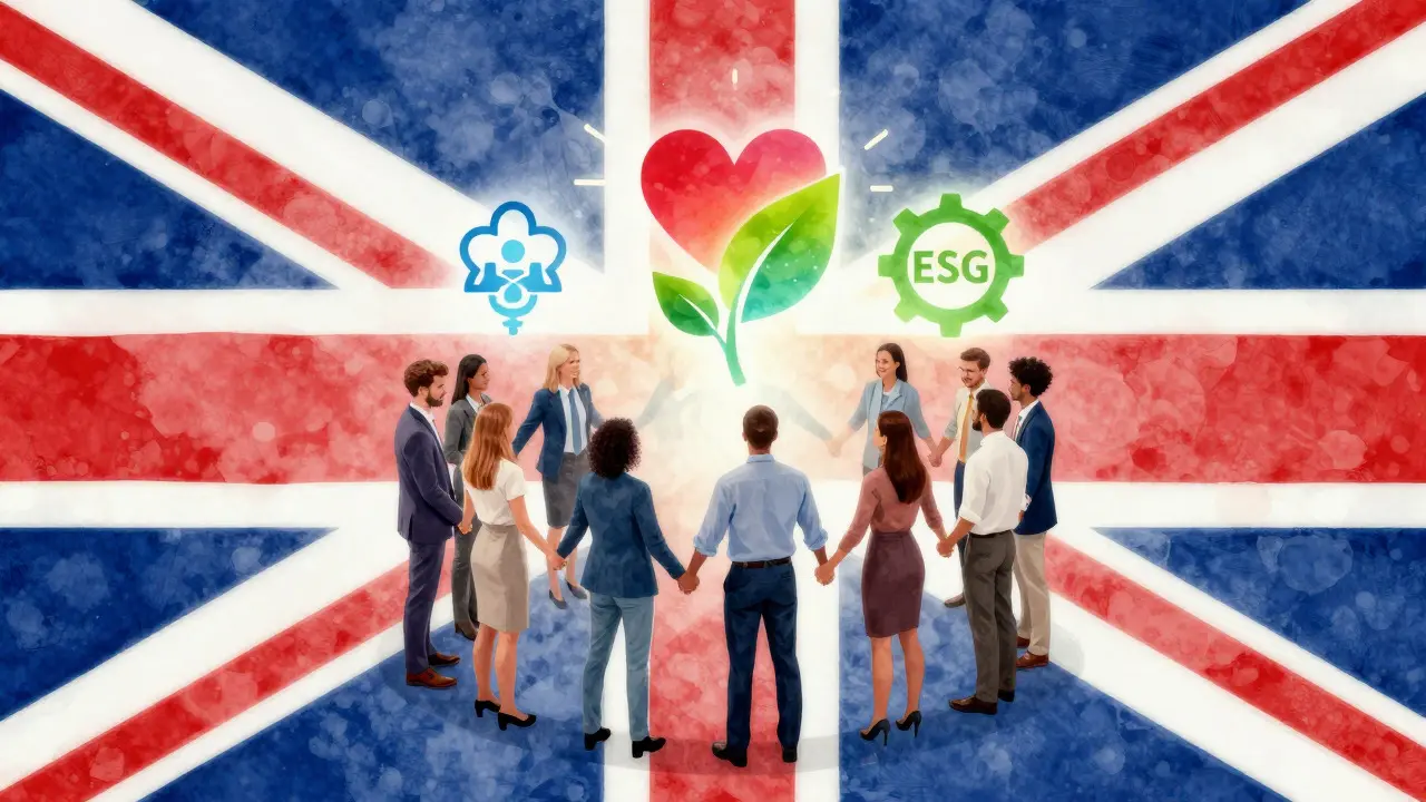 Diverse team standing in a circle surrounded by symbols of health, nature, and progress