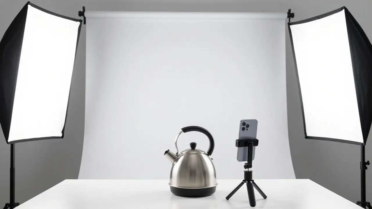DIY studio setup with tripod, lights, and a metal kettle