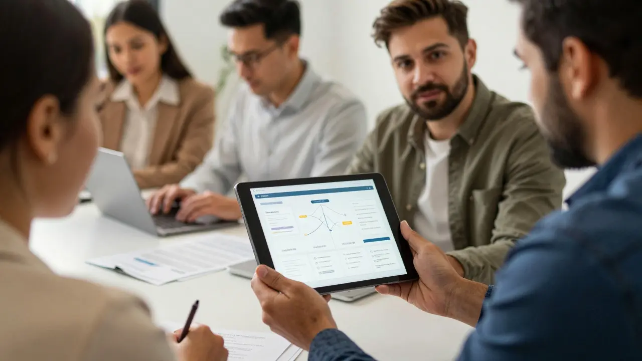 Employees collaborating in a workshop, discussing new workflow designs
