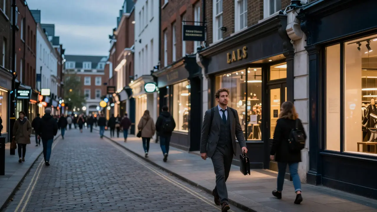 Entrepreneur walking on a London street at twilight near illuminated shops