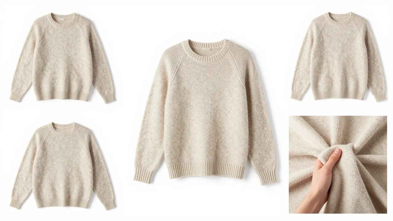 Flat lay grid showing multiple angles and details of a wool jumper