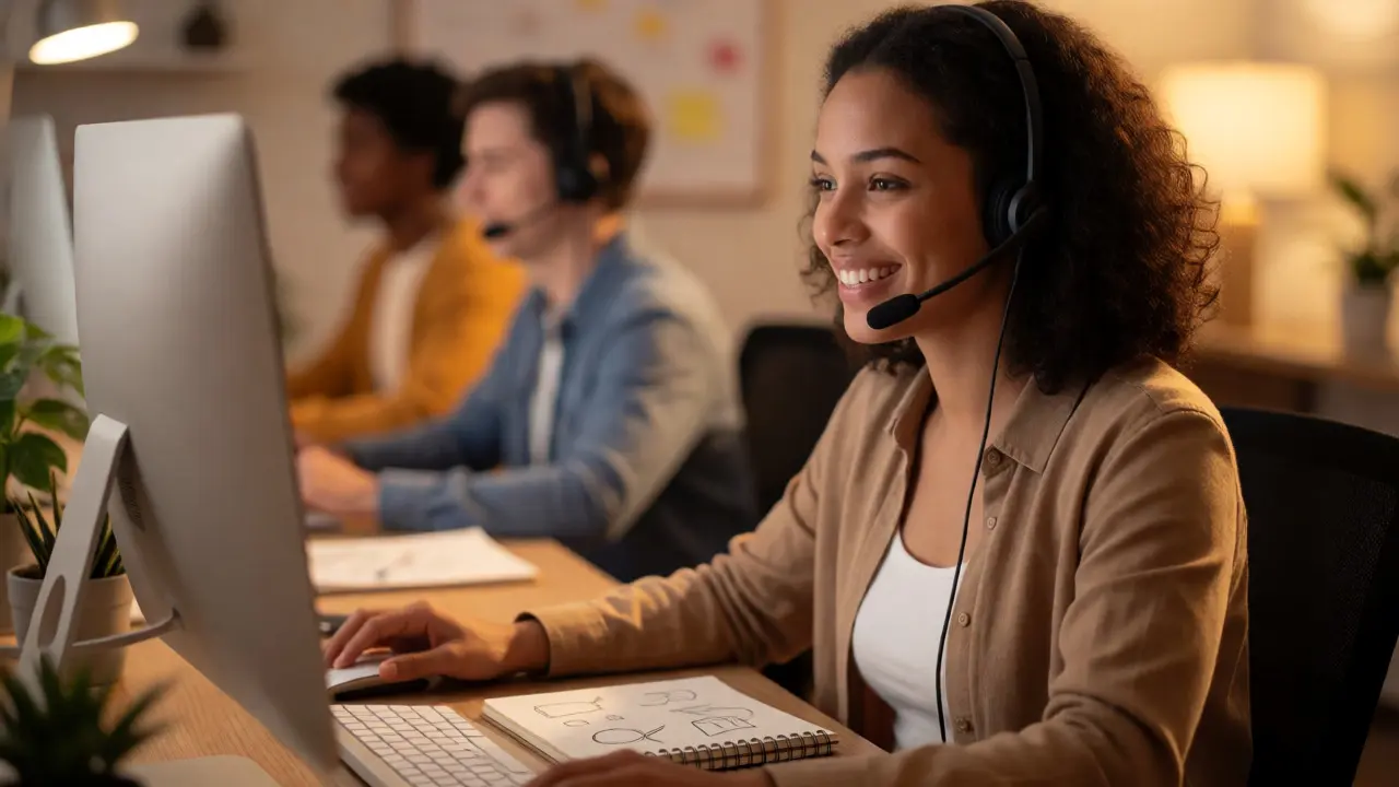 Friendly support agent with headset smiling in a bright office