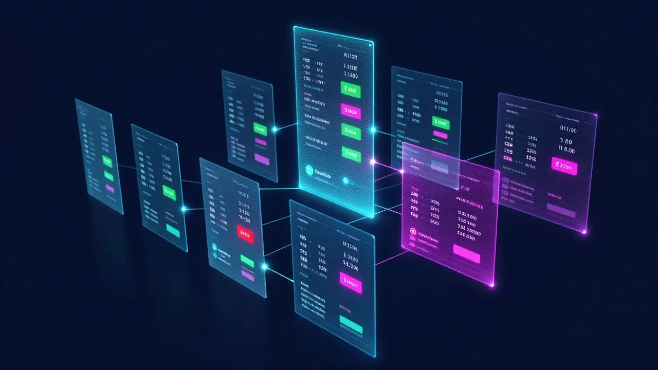 Futuristic holographic display of automated data streams and status indicators, symbolizing real-time feed synchronization.