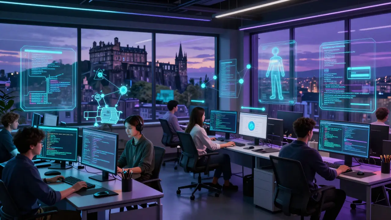 Game developers in an Edinburgh studio visualizing complex code and AI models