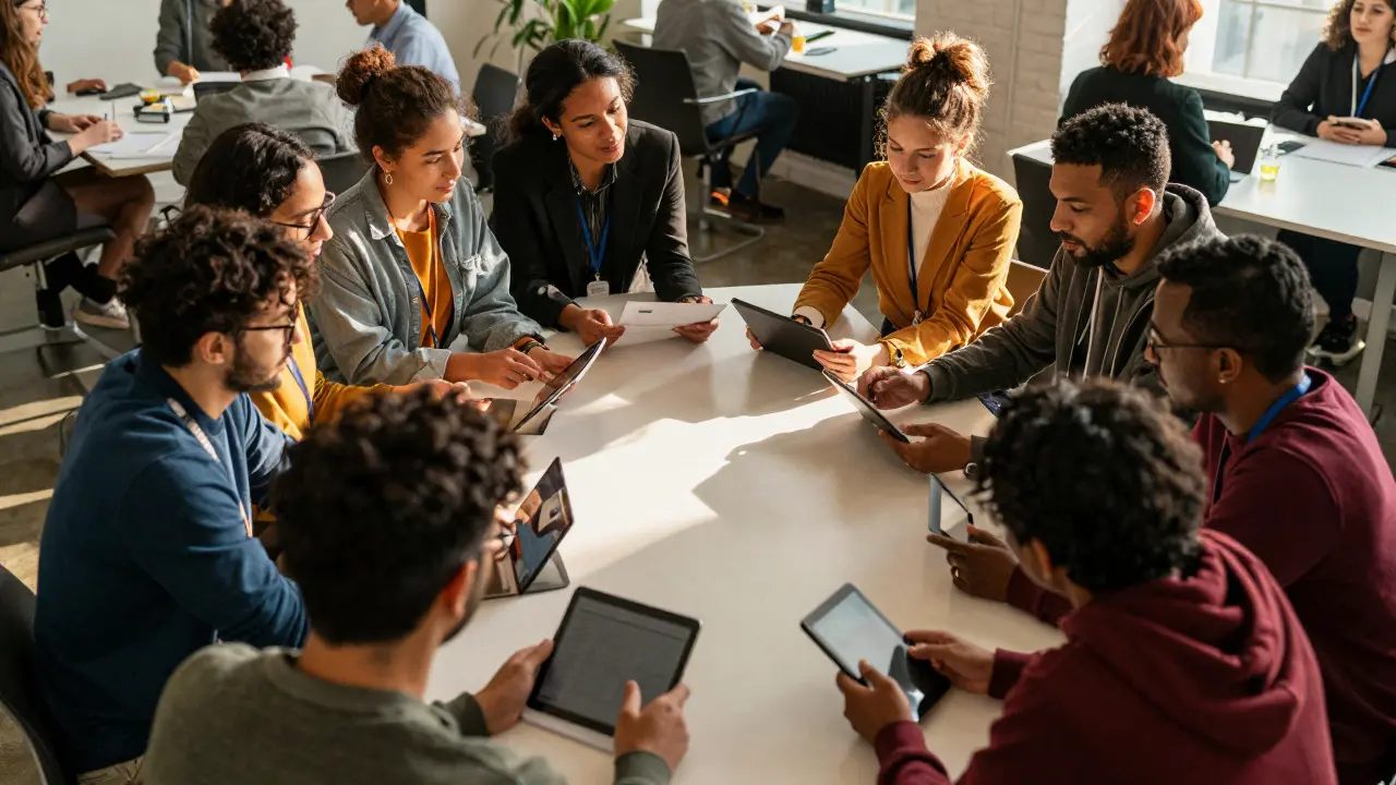 Group of people collaborating and sharing badges in a bright co-working space