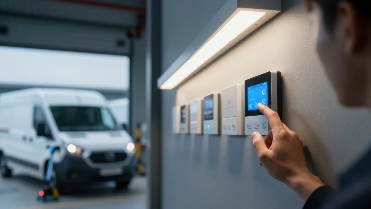 Hand adjusting a smart thermostat near LED lights with EVs outside