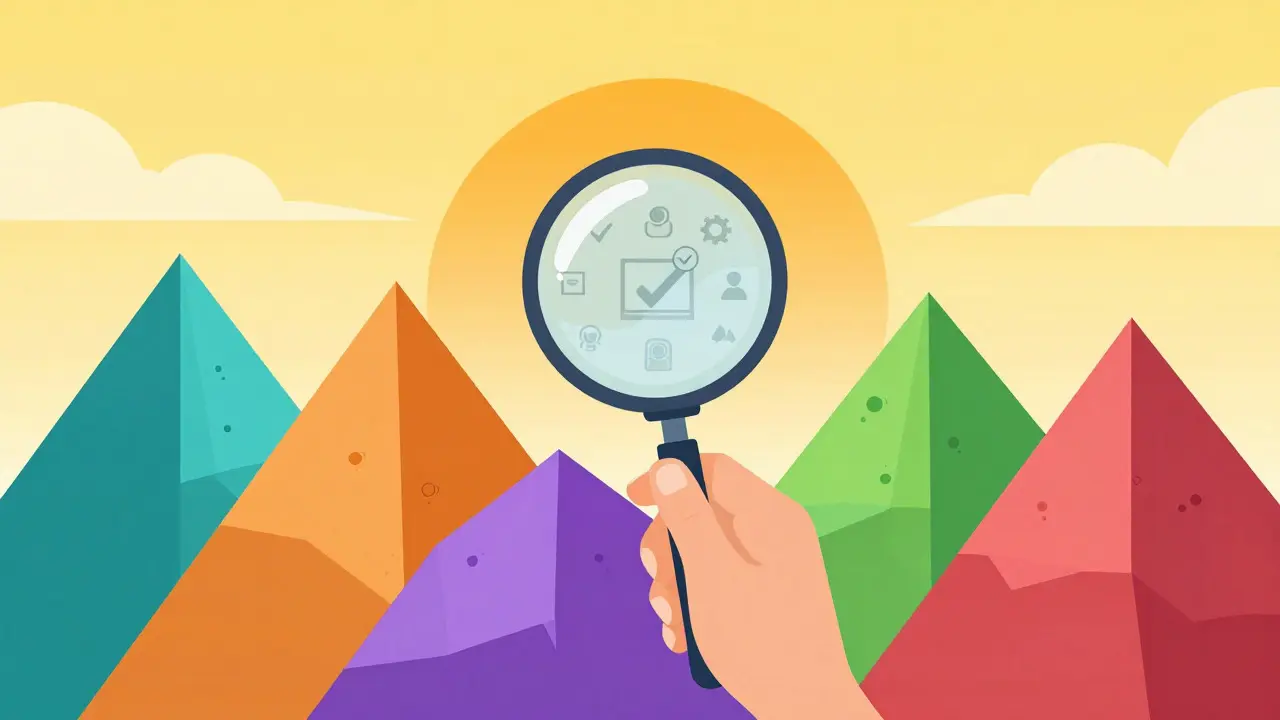 Hand holding a magnifying glass over colorful geometric mountains representing software choices