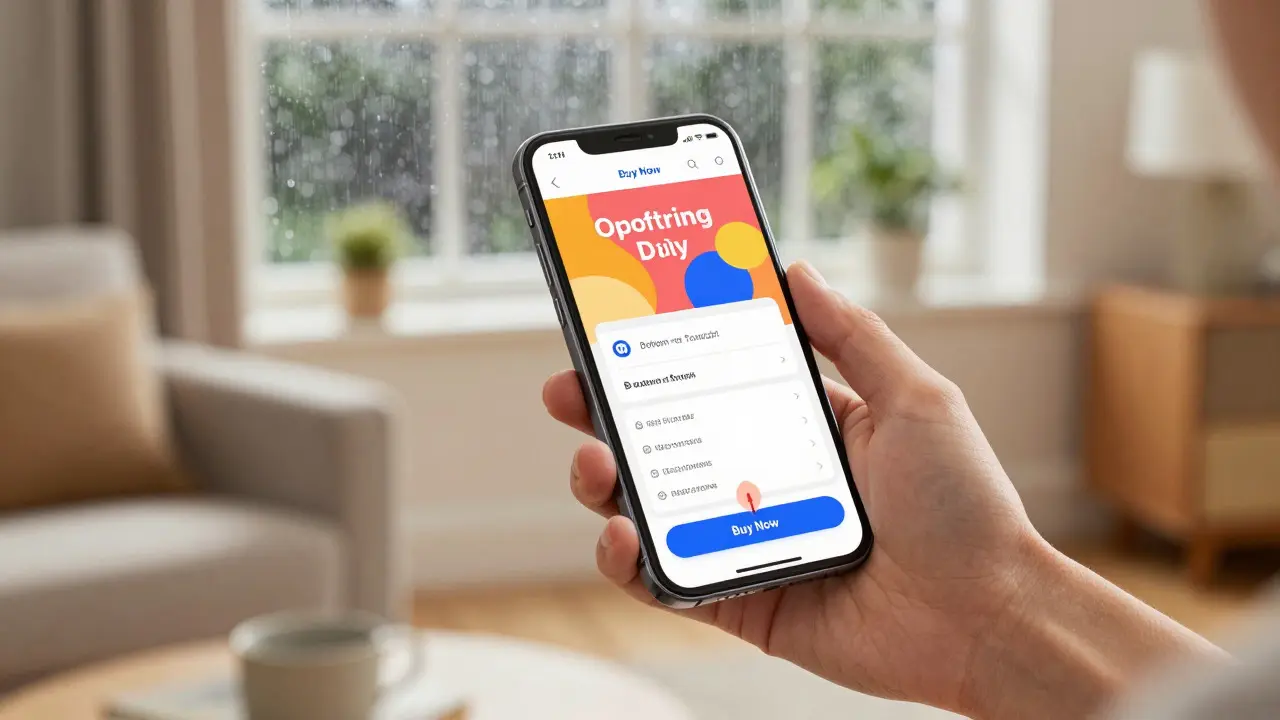 Hand holding phone showing online shopping checkout page in rainy room