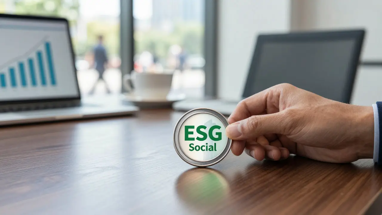 Hand placing metallic ESG certification badge on executive boardroom table