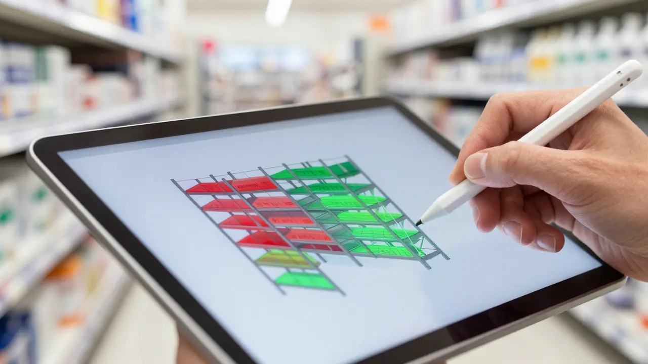 Hand using a stylus on a tablet displaying inventory alerts in a retail setting
