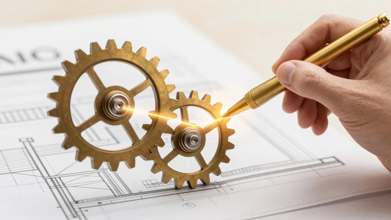 Hands adjusting mechanical gears with a glowing stylus