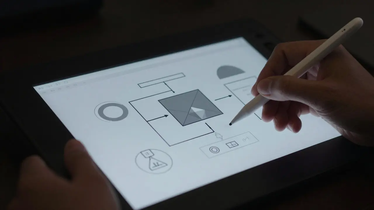 Hands designing a pitch deck on a digital tablet in low light