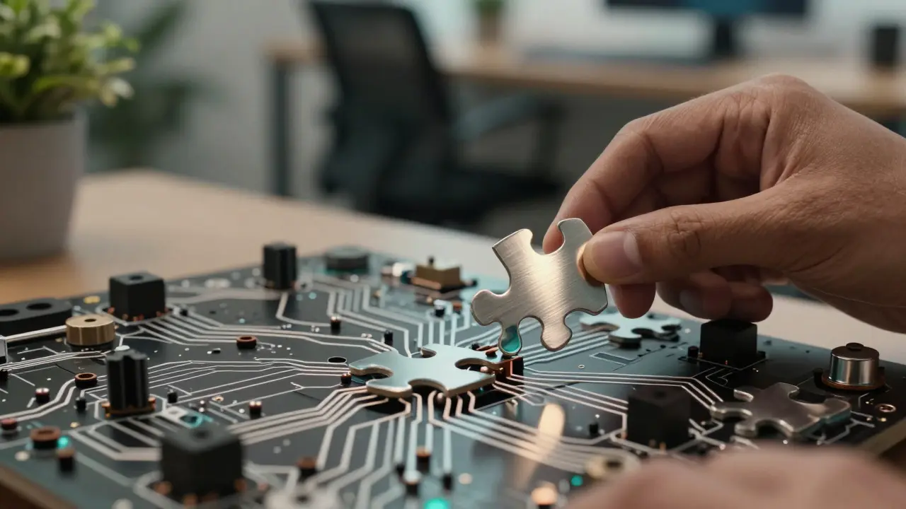 Hands fitting a metal puzzle piece into a complex circuit-like structure