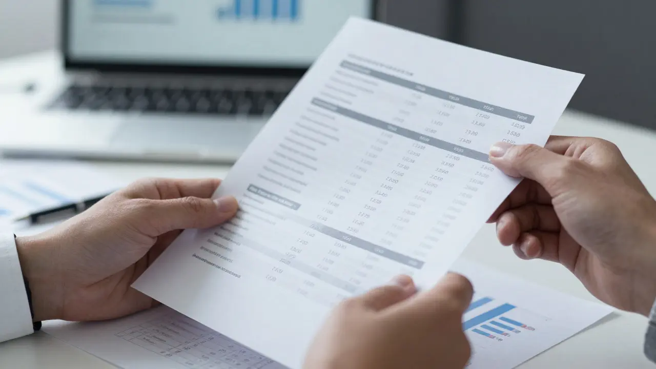 Hands holding a financial report with blurred data