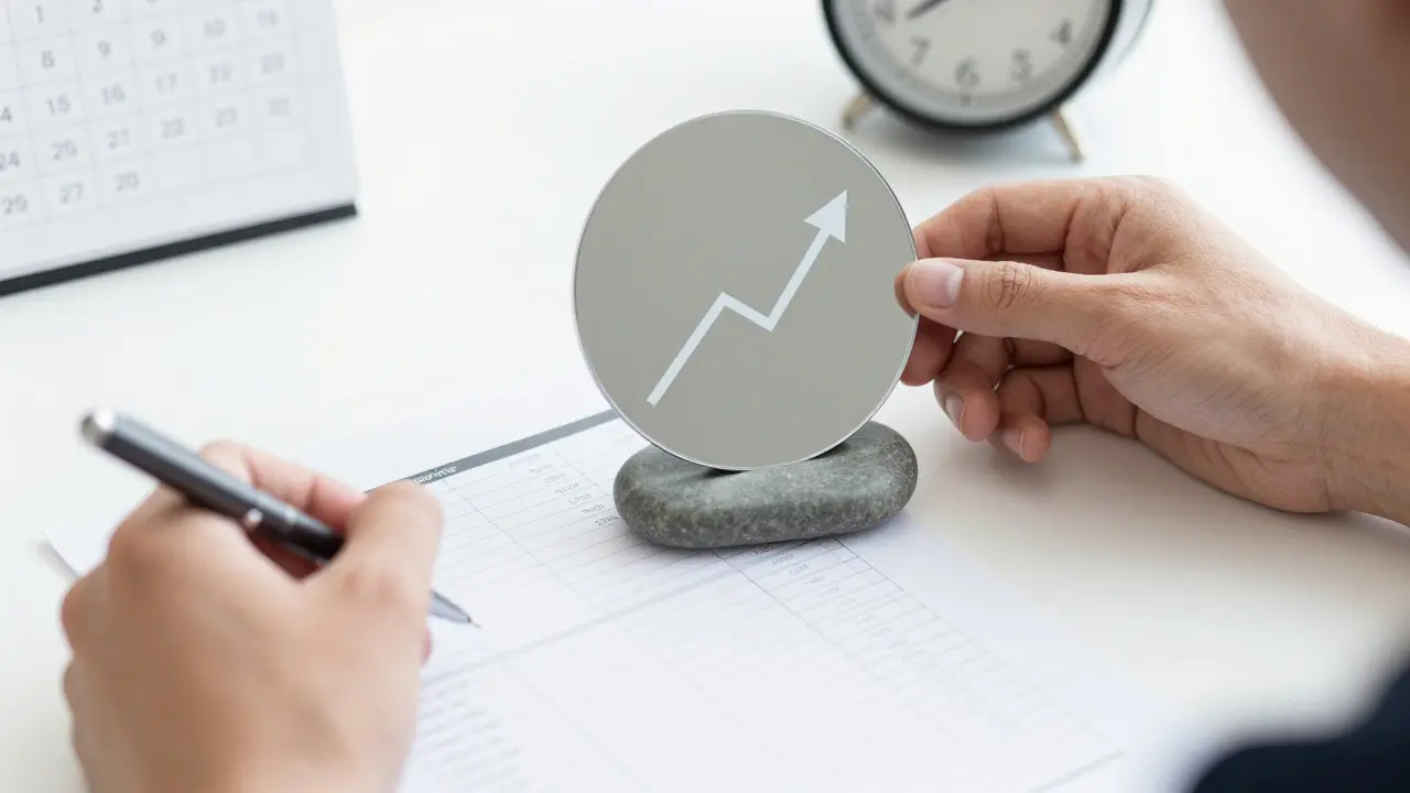 Hands holding a pen and a reflective stone mirror showing an upward graph, symbolizing strategic coaching