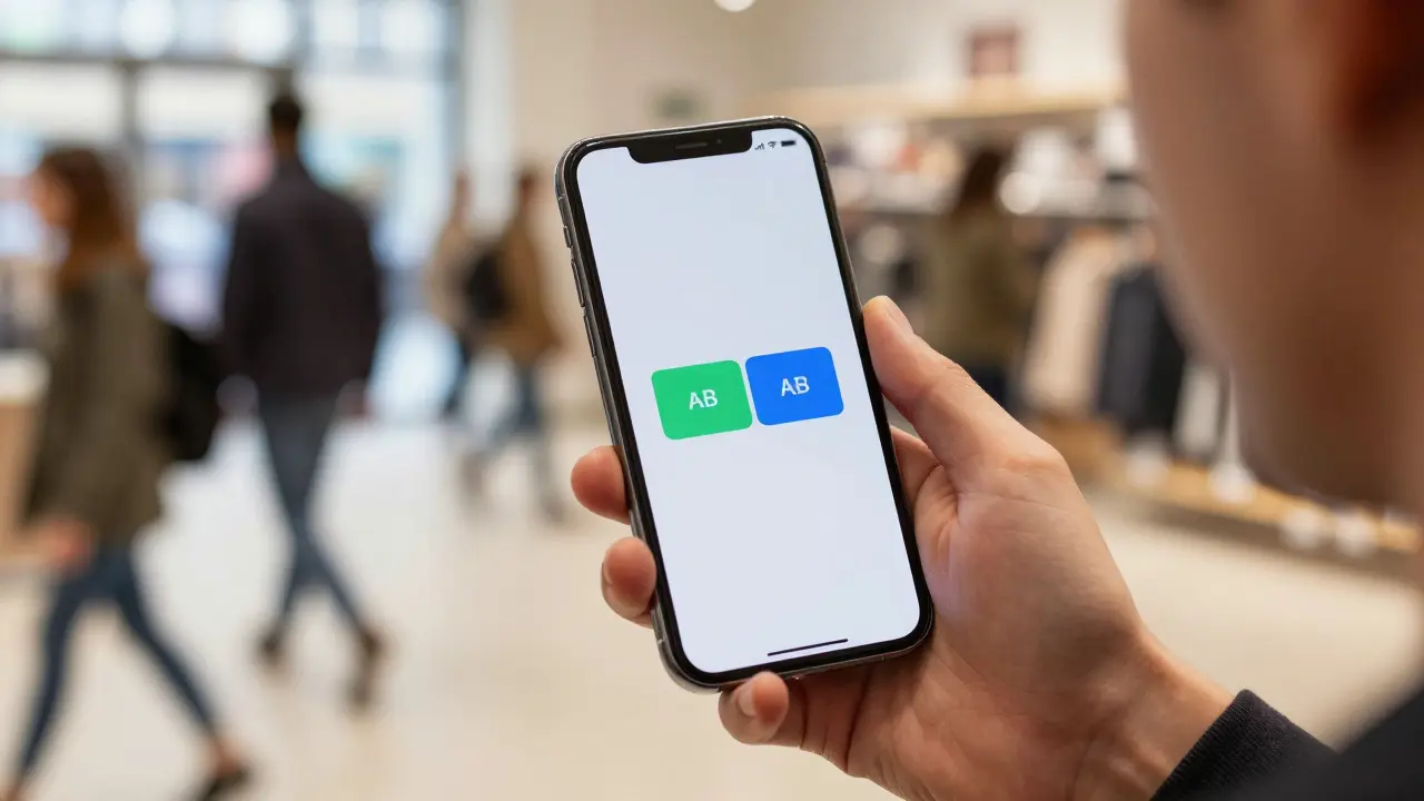 Hands holding a phone showing UI variants in a busy Manchester retail setting
