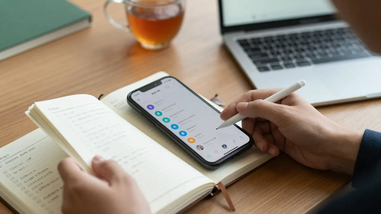 Hands reviewing a handwritten action plan next to a smartphone