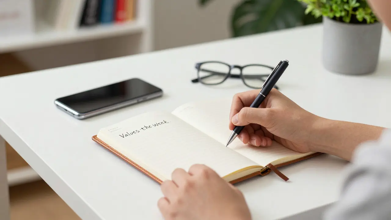 Hands writing in a journal on a desk with a phone and glasses, symbolizing reflective work rituals