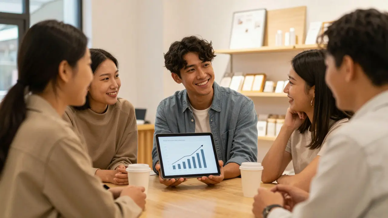 Happy customers interacting in a retail space while reviewing positive sales performance data