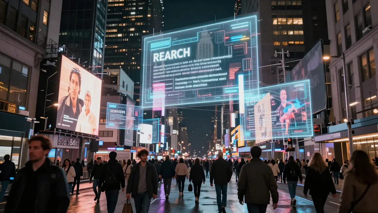 Holographic billboards overlapping over a busy city street