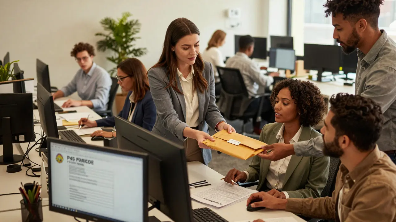 HR manager handing a document envelope to a departing employee in a modern office.