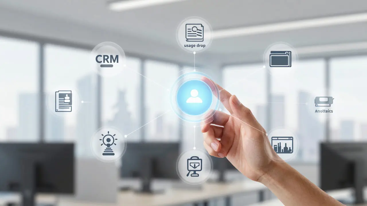 Illustration of a hand interacting with proactive customer success data workflows
