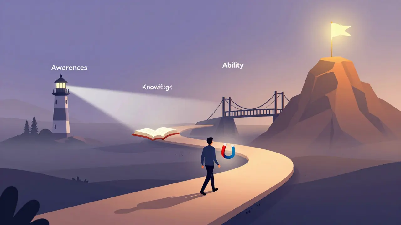 Illustration of a person walking a path representing change management stages