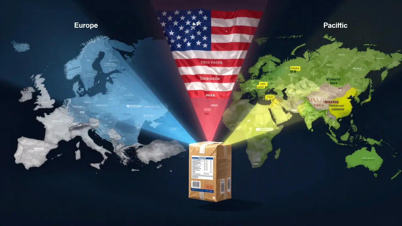 Illustration of a product package transforming under lights representing EU, US, and Asia regulations