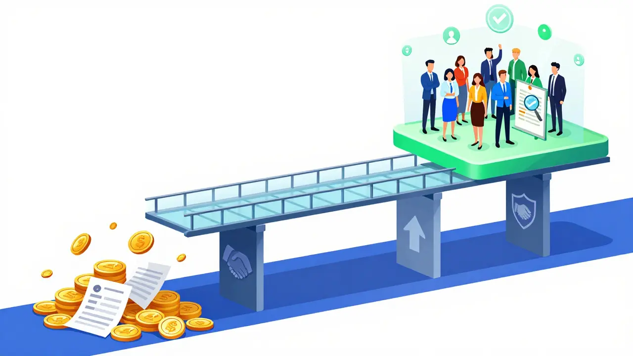 Illustration of bridge connecting minimum wage chaos to stable living wage team