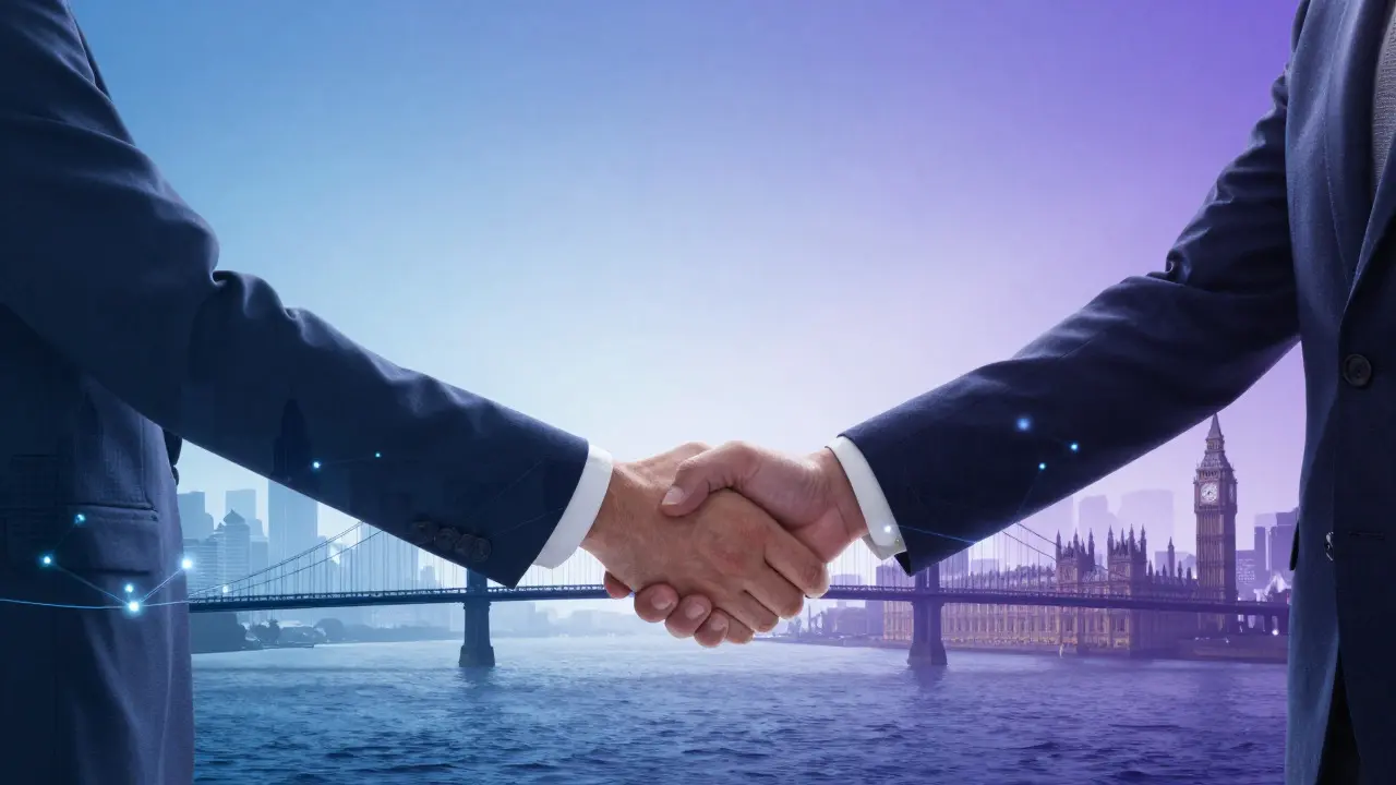 Illustration of business handshake bridging US and UK skylines