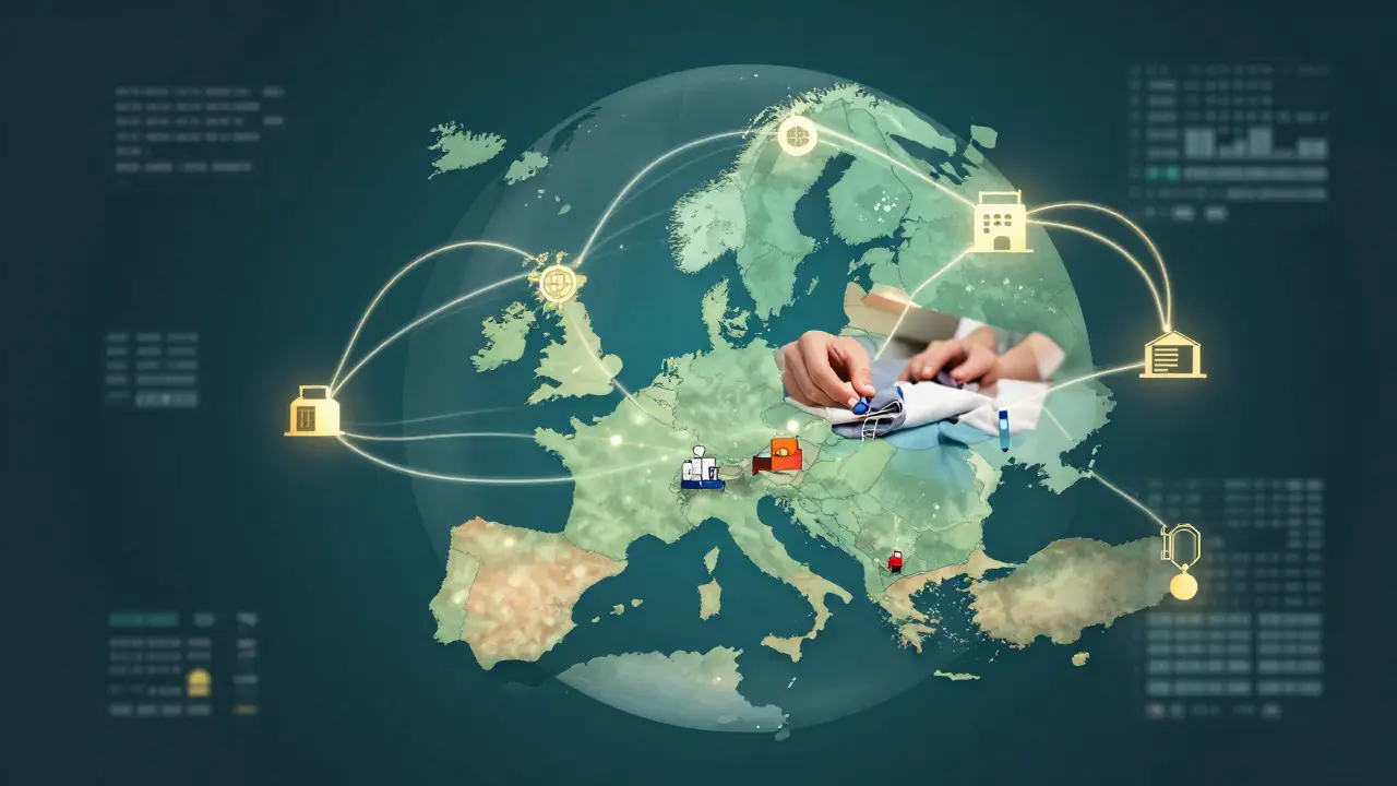 Illustration of European supply chains connecting to UK factories with emphasis on craftsmanship