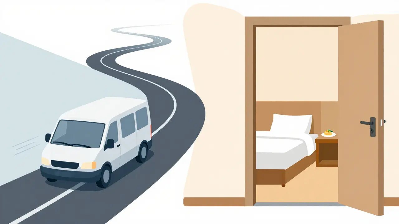 Illustration showing a van on a road and a hotel room, representing travel and subsistence