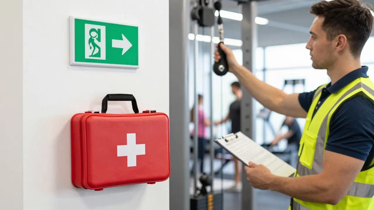 Instructor inspecting gym equipment near a first aid kit and emergency exit