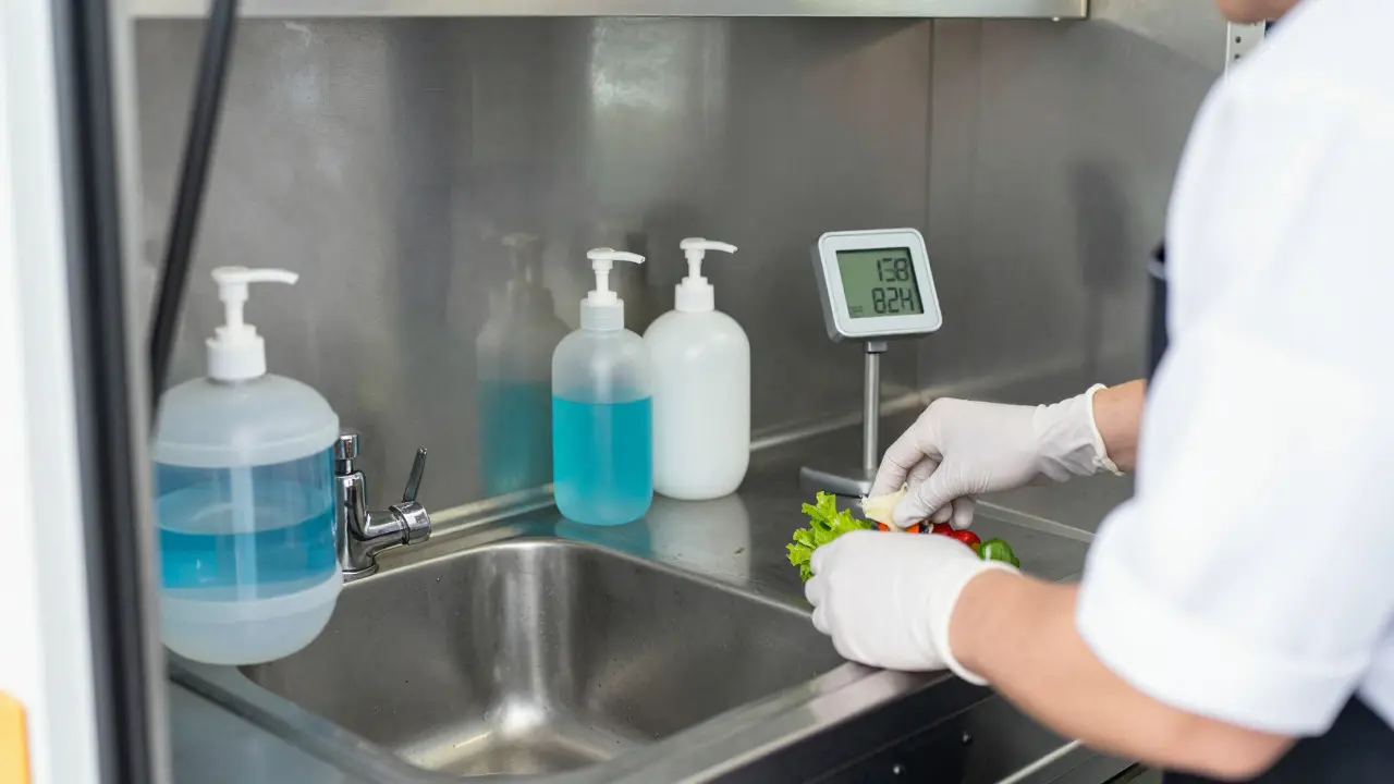 Interior view of a clean food truck kitchen showing hygiene equipment