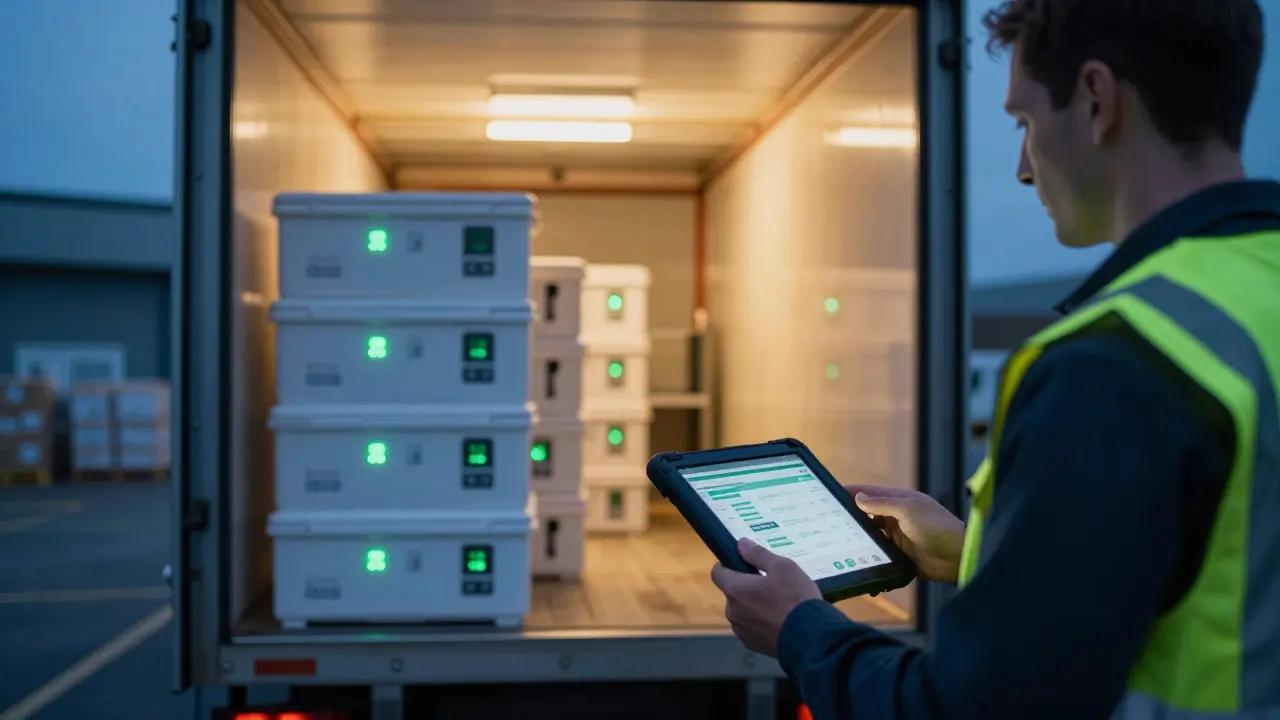 Logistics manager verifying temperature sensors inside a refrigerated pharma truck